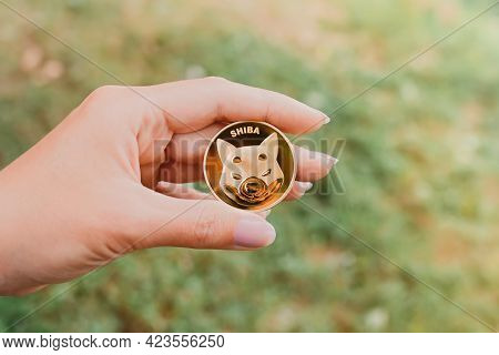 Empuriabrava, Spain, June 2021 - Shiba Token In Womans Hand On Natural Background