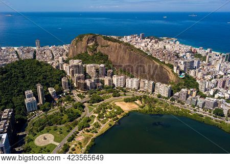 Aerial View Of Rio De Janeiro Landscape, Copacabana, Cantagalo Mountain, And The Ocean