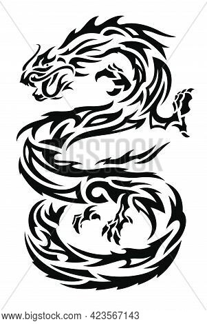 Beautiful Monochroe Vector Tribal Tattoo Illustration With Black Asian Dragon Silhouette Isolated On