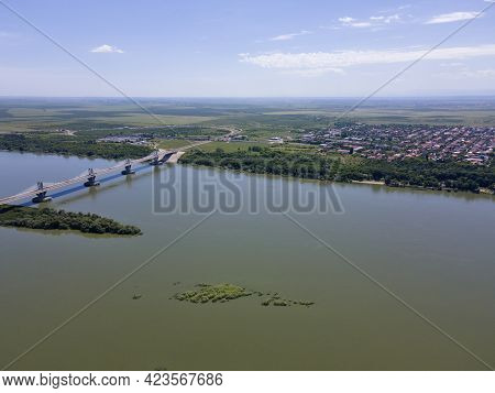 Aerial View Of Town Of Calafat At The Coast Of Danube River, Dolj Region, Romania