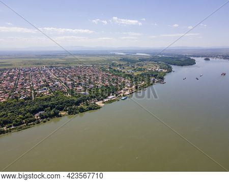 Aerial View Of Town Of Calafat At The Coast Of Danube River, Dolj Region, Romania