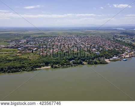 Aerial View Of Town Of Calafat At The Coast Of Danube River, Dolj Region, Romania