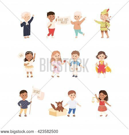 Kind And Fair Little Children Doing Justice And Engaged In Honest Behavior Vector Set