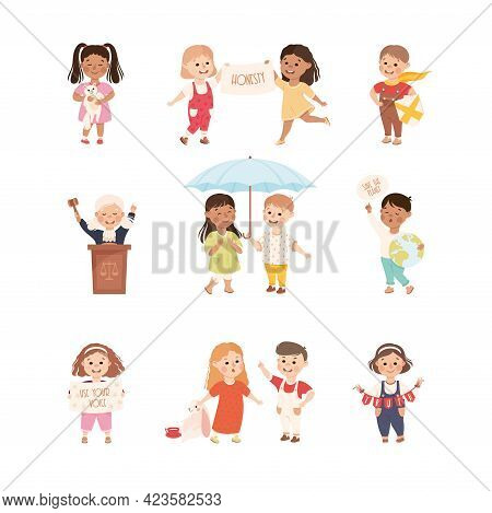 Kind And Fair Little Children Doing Justice And Engaged In Honest Behavior Vector Set