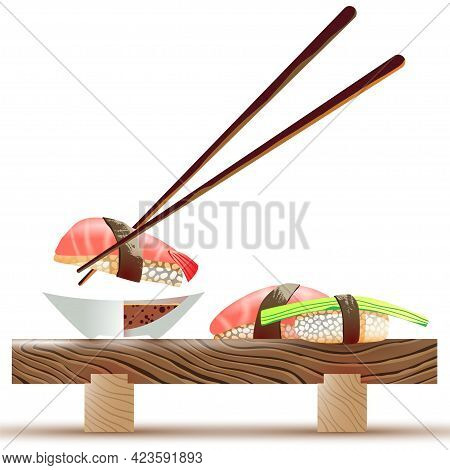 Vector Illustration Of Sushi, Little Table, Food Sticks, Bowl With Soy Sauce