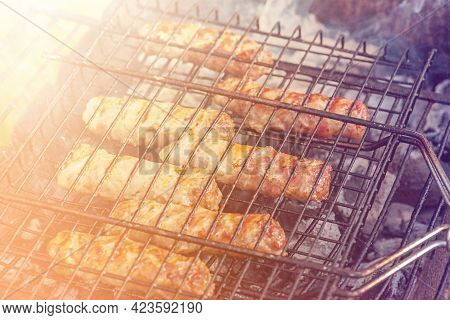 Travel Kielbasa Cooking. Uncooked Sausages For Barbecue. Barbecue, Meal, Meat