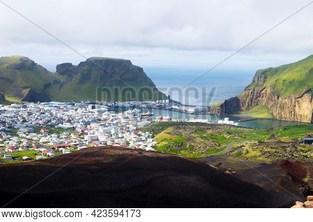 Heimaey Town Aerial View From Eldfell Volcano.