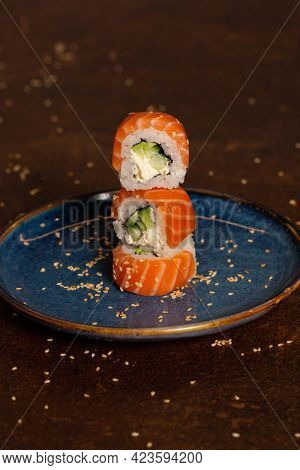 Sushi Tower On A Plate. Healhty, Asiain, Popular Food Concept