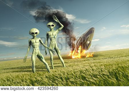 Vintage Flying Saucer Ufo Crash Site With Green Aliens. Classified Extraterrestrial Life On Earth. 3