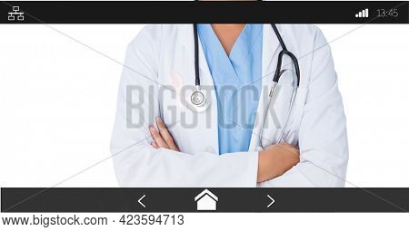 Composition of female doctor with stethoscope on shoulders on digital image interface screen. medical and healthcare services communication digital interface concept digitally generated image.
