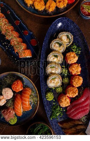 Big Sushi, Sashimi, Rolls Set On Table. Asian Cuisine. Healthy Food.