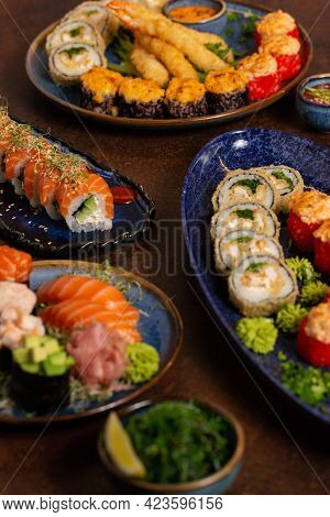 Big Sushi, Sashimi, Rolls Set On Table. Asian Cuisine. Healthy Food.