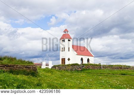 Modhrudalur Church Close Up, Iceland. Small White Church