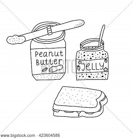 Hand Drawn Vector Illustration Of Open Peanut Butter Glass Or Plastic Jar With Knife Scoop Of Peanut