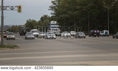 Ust-kamenogorsk, Kz - June 8, 2021. One Of The Main Street. Traffic.