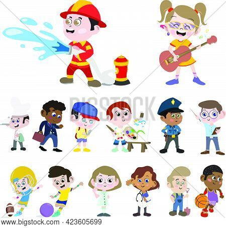 Big Vector Set. Kindergarten Preschool Kids Dress As Professionals. Basketball Football Rugby Player