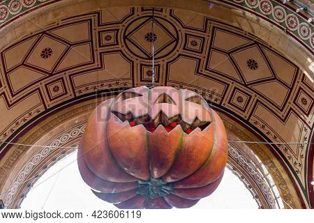 Copenhagen, Denmark - Oct 21, 2018: Close-up Of Halloween Pumpkin Hung Overhead At Tivoli Gardens Fr