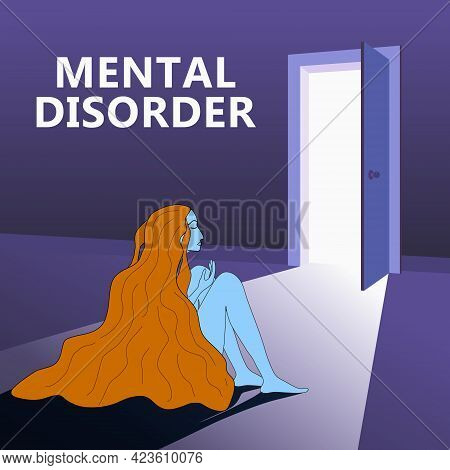 Mental Disorder Woman Sitting Hugging Knees, Open Door As A Symbol Of A Way Out. Depression, Confuse