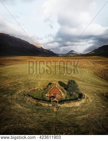 Drone view of Church Grafarkirkja, Iceland