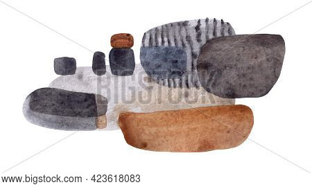 Hand Drawn Watercolor Composition Of Gray And Brown Stains Isolated On White Background