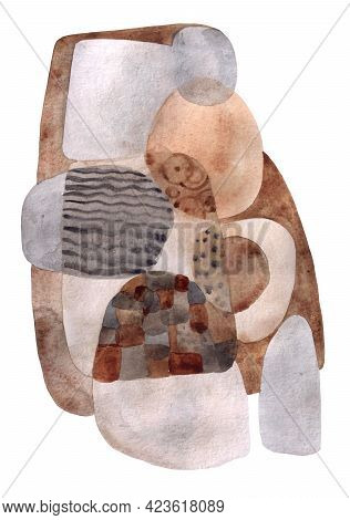 Hand Drawn Watercolor Composition Of Gray And Brown Stains Isolated On White Background