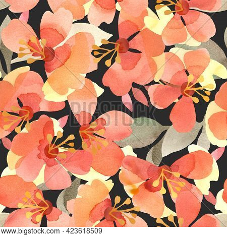Hand-painted Seamless Pattern With Abstract Flowers Of Multi-hued Warm Autumn Palette On Black Backg