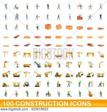 100 Construction Icons Set. Cartoon Illustration Of 100 Construction Icons Vector Set Isolated On Wh