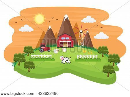 Cute Cartoon Farm Animals Vector Illustration With Cow, Horse, Chicken, Duck, Or Sheep. For Postcard