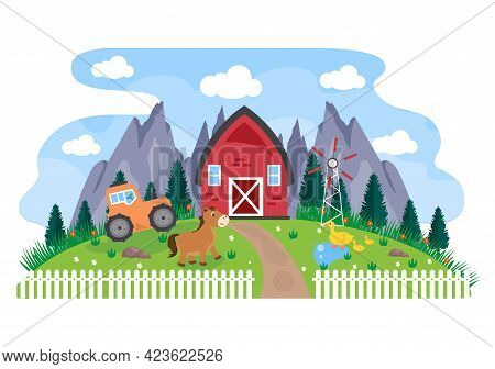 Cute Cartoon Farm Animals Vector Illustration With Cow, Horse, Chicken, Duck, Or Sheep. For Postcard