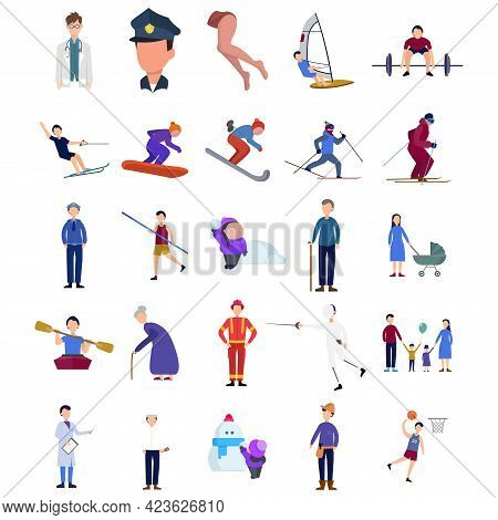 People Character Vector Clip Art Set With Doctor. Cyclotourism. Fireman, People, Gymnastics. Police