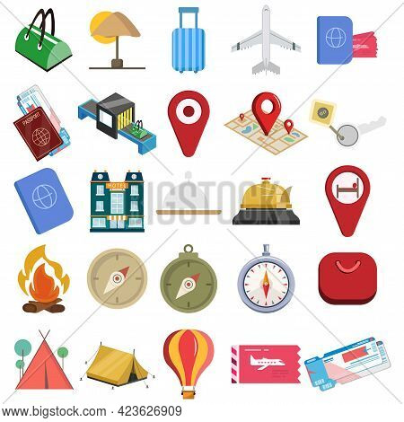 Traveling And Transport Vector Clip Art Set With Hotel, Compass, Maps, Reception Call, Plane Ticket,