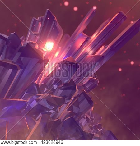 Magic Crystal Emitting Glowing Particles. 3d Rendering Abstract Background With A Depth Of Field. Sh