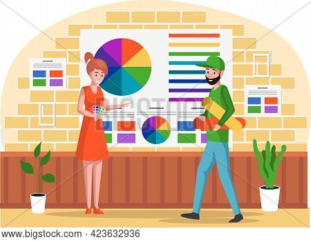 Woman Is Choosing Color From Paint Swatches And Samples. Girl In Office Of Publishing And Printing C