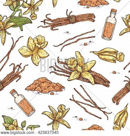 Seamless Pattern With Vanilla Plant Parts, Flowers And Oil Vector Illustration.