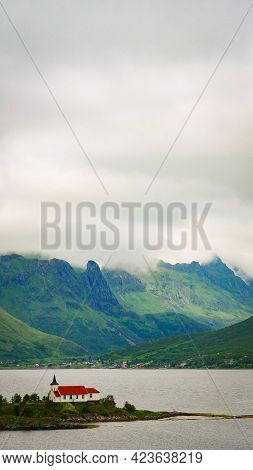 Fjord Landscape With Sildpollnes Chapel, Lofoten Islands, Sildpollneset Peninsula On Of Austvagoya, 