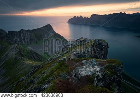 Panoramic View From The Husfjellet Mountain, Senja, Norway. Nordic Summer Landscape