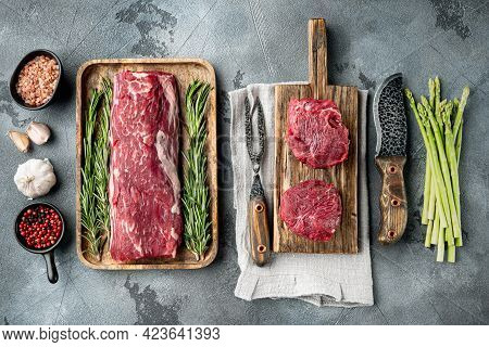 Tenderloin, Or Eye Fillet Cut Raw Marbled Beef Meat Set, On Gray Stone Background, Top View Flat Lay