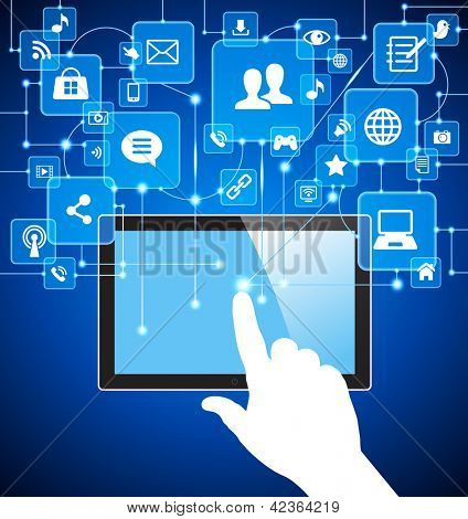 sociala medier, kommunikation i de globala datornätverk. vektor TabletPC med sociala medier icon