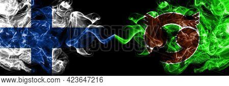 Finland, Finnish Vs Japan, Japanese, Betsukai, Hokkaido, Nemuro, Subprefecture Smoky Flags Side By S