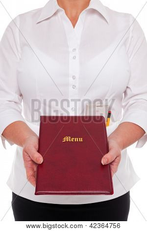 Cameriera si consegna un Menu con un ordine pad e matita nel suo grembiule, sfondo bianco.