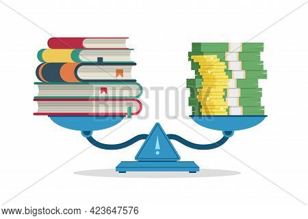 Education Costs. Measure On Scales Value Of Knowledge And Money. Cartoon Weigher With Stack Of Books