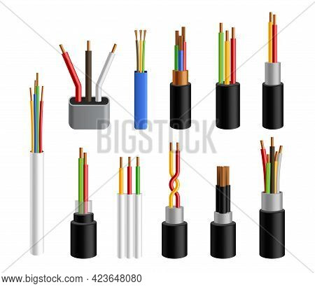 Electric Cables. Realistic Copper Wires. 3d Electricity Conductors Set. Industrial Bundles Of Intert