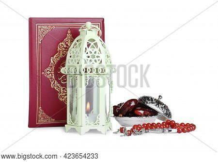 Decorative Arabic Lantern, Quran, Misbaha And Dates On White Background