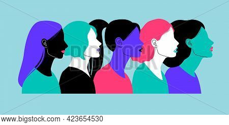Colorful Profiles Of Face Silhouettes. Cartoon Portrait Of Women, Heads Of Females With Different Ha