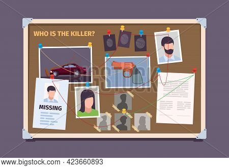 Detective Board. Police Officer Evidence Photo Check Board With Sticky Pictures Justice Garish Vecto
