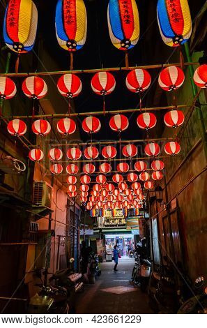 Yunlin, Taiwan - Feb 12th, 2020: lantern festival with lamps hanging at street in Beigang township, Yunlin county, Taiwan, Asia