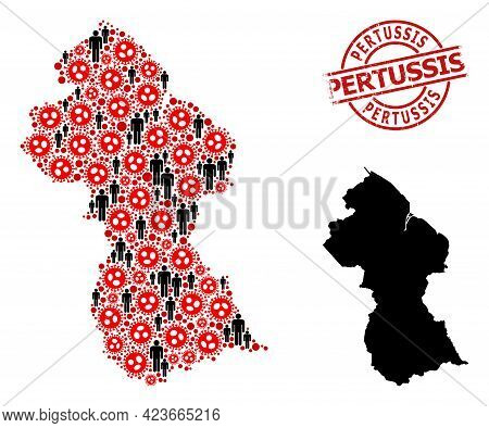 Mosaic Map Of Guyana Designed From Covid Virus Items And Population Items. Pertussis Grunge Seal. Bl