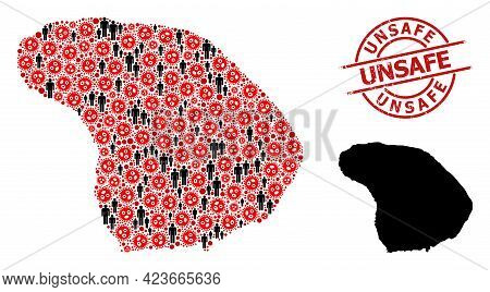 Collage Map Of Lanai Island Designed From Coronavirus Items And Men Icons. Unsafe Grunge Seal Stamp.