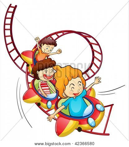 Ilustración de tres niños montando en una montaña rusa sobre un fondo blanco