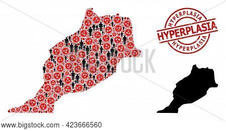 Collage Map Of Morocco Organized From Covid Virus Elements And Humans Elements. Hyperplasia Grunge S